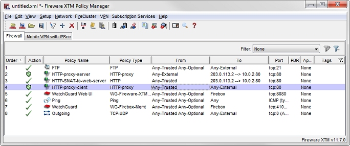 Captura de pantalla del archivo de configuración de ejemplo en Policy Manager
